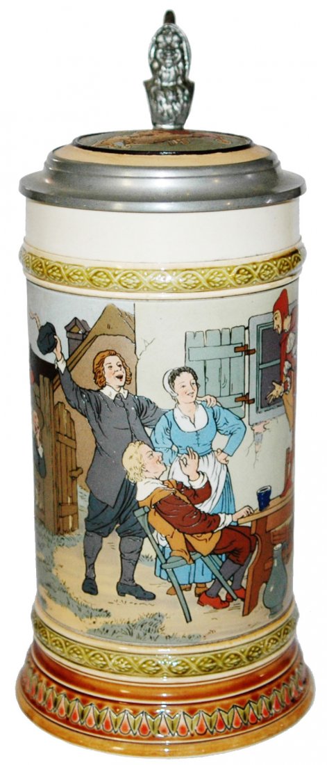 Jester Entertains Mettlach 1L Etched Stein w Inlay (1 of 1)