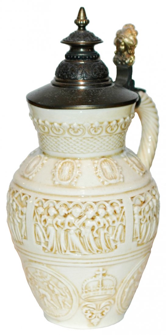 Zsolnay Royal Crowns & People 1-1/2L Stein: Pottery Zsolnay Pottery Relief 1 1/2L. Royal crowns and people. Mint.