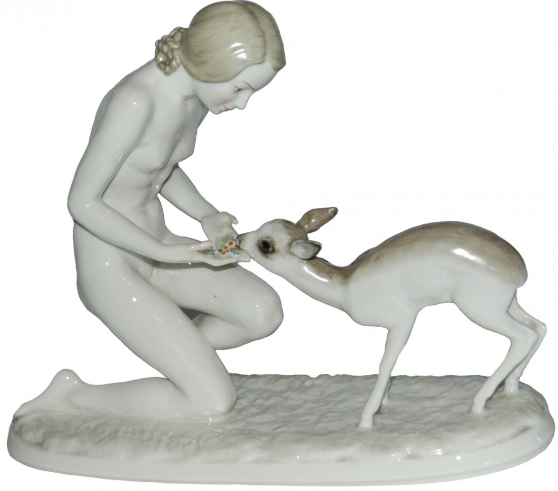 Nude Woman feed Young Deer Hutchenreuther Figure: Porcelain Hutchenreuther 9 1/2” by 12” Figure. Young naked woman feeds doe. Charming. Mint.