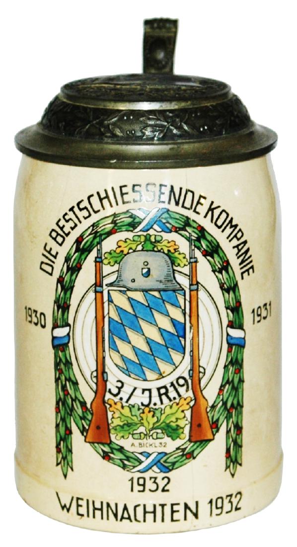 Third Reich 1932 Weihnachten Military Stein: Pottery POG 1/2L. "Die Bestschiessende Kompanie 3. J. R. 19, Weihnachten 1932." Third Reich.