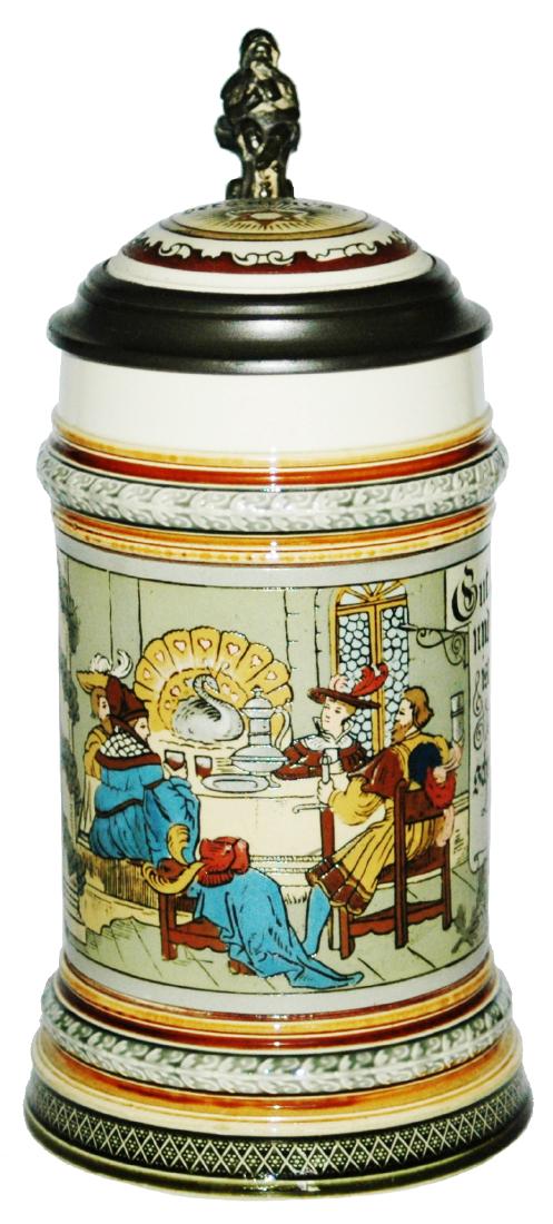 Mettlach Etched Table scene Stein w Inlay Lid (1 of 1)