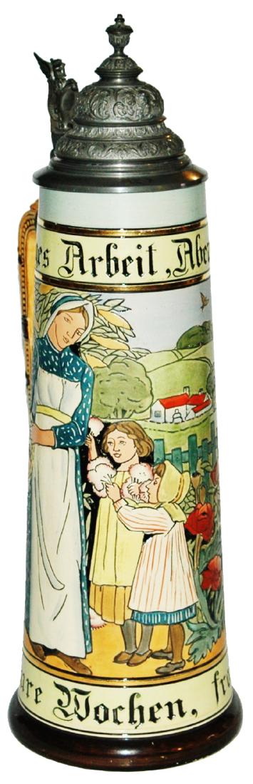 3L Woman & Children w Flowers Stein w Fancy Lid: Pottery JW Remy #722 Etched 3L. Woman and children picking flowers. Fancy pewter lid. Mint.