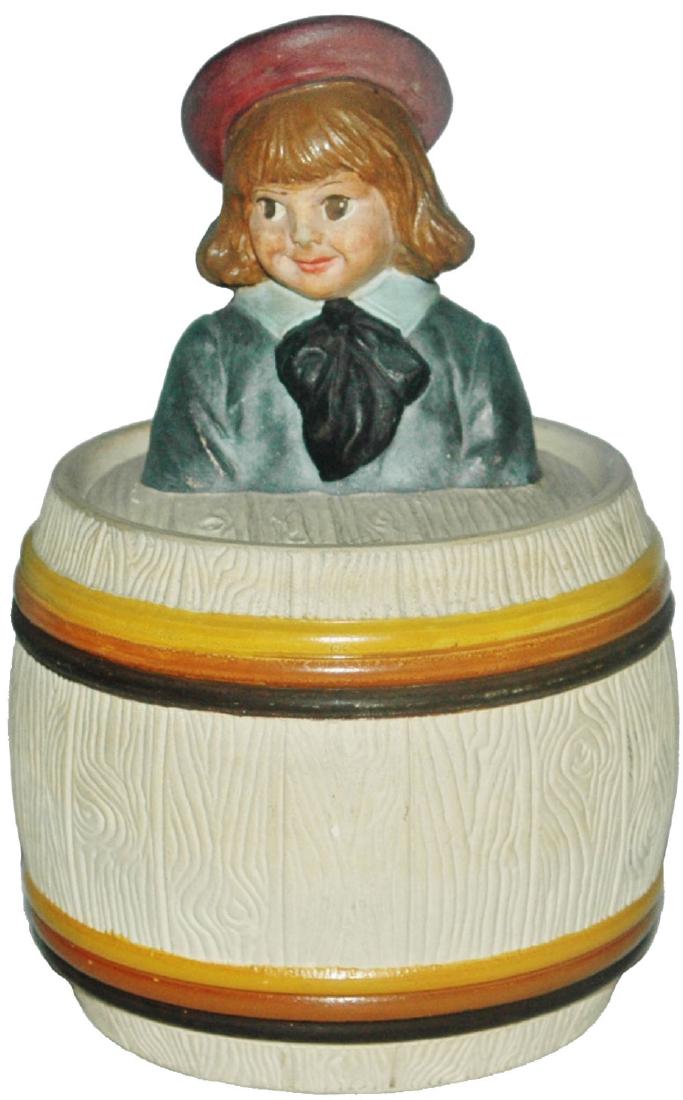 Jon Maresch Terracotta Tobacco Jar Buster Brown: Terra cotta JM #3501 Tobacco Jar. Barrel. Figural boy set on lid.