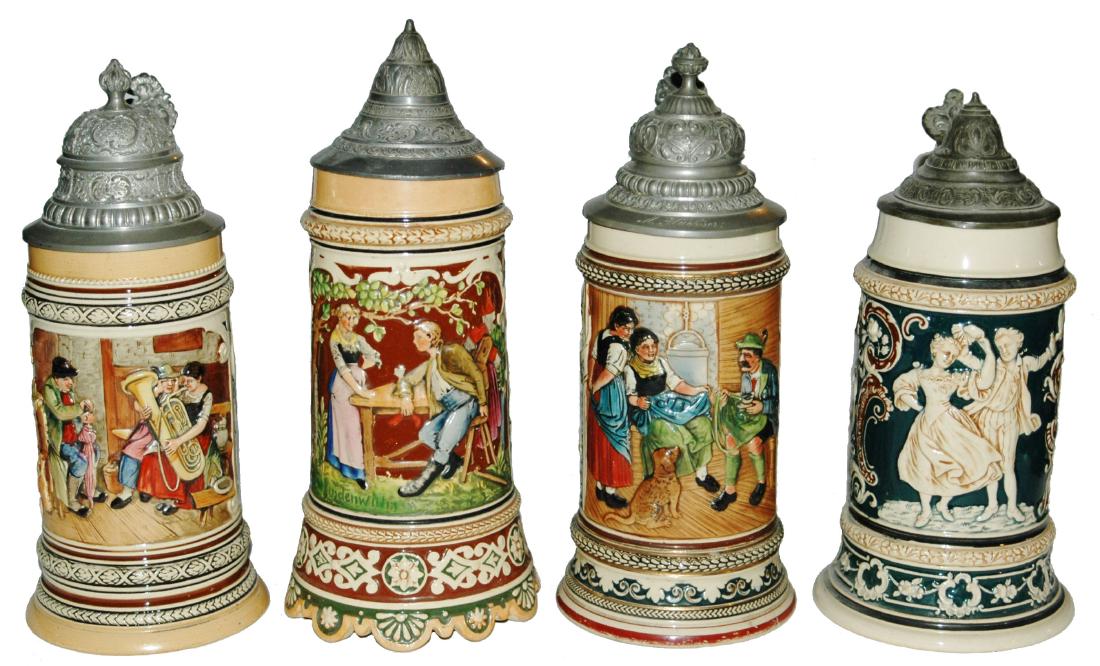 Lot of Four Pottery Relief Steins (1 of 1)