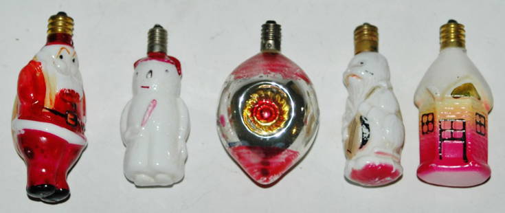 5 Vintage Figural Milk Glass Christmas Bulbs Ornaments: Group of Five Antique 1920-30s Painted Milk Glass Figural Christmas Electrical Bulb Ornaments. 1. Santa with a bag over his shoulder. 2. Snowman wearing a hat. 3. Old Fashioned Mercury Glass ornament