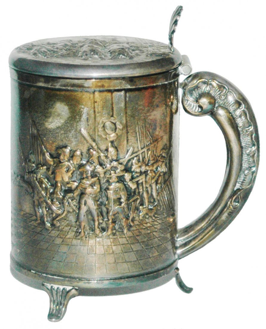 Danish Silver Plate Stein w Battle Scenes & 3 Feet (1 of 1)