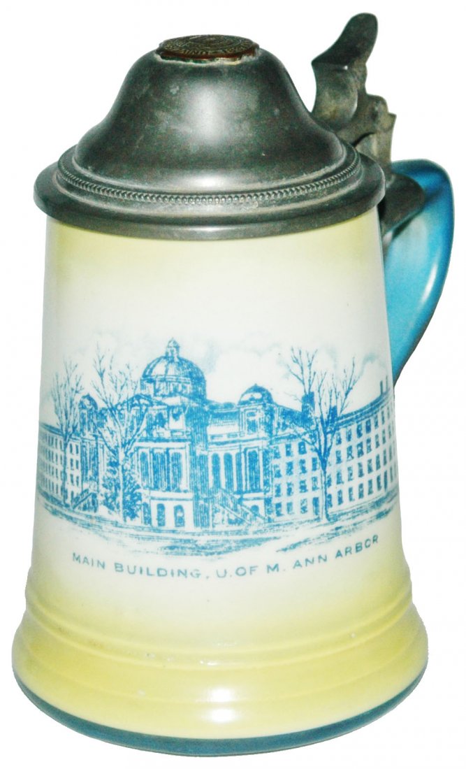 University Michigan Seal Columbian Art Pott Stein: Pottery Columbian Art Pottery POG 4/10L. “Main building U of M Ann Arbor. University seal on lid. Mint.