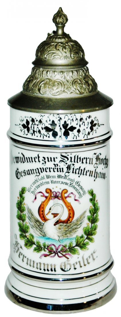 Lichtenhain Singing Club Silver Anniversary Stein: Porcelain POG 1/2L. Silver anniversary of singing club in Lichtenhain, Hermann Geiter.” Mint.