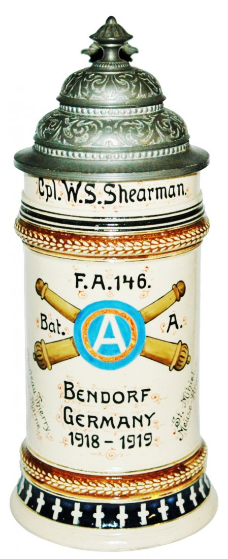 US Military WWI 146 Bat Bendorf Germany Stein: Pottery Reinhold Merkelbach POG 1/2L. “F.A. 146 Bat. A. Bendorf Germany 1918-1919, Cpl. W.S. Shearman.” Replaced vintage lid.