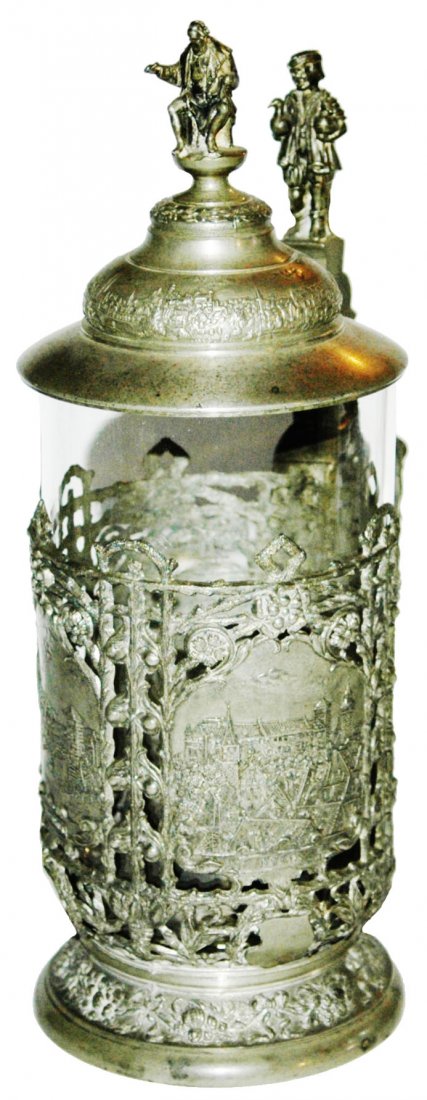 Glass & Pewter Overlay Nurnberg Scenes Stein: Blown Glass and Pewter Overlay 1/2L. Four city scenes of Nurnberg. Albrecht Dürer finial. Gooseman thumblift. Glass liner replaced.