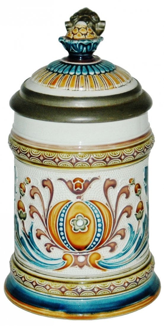 Floral 1/4L Mosiac Mettlach Stein w Inlay & Finial (1 of 1)