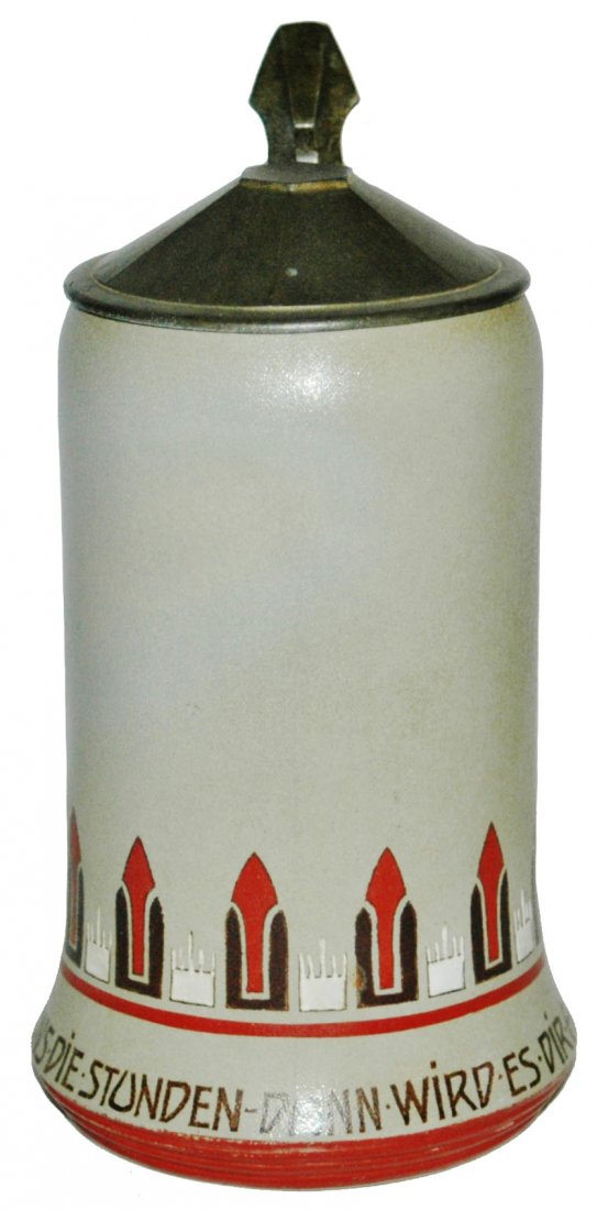 Mettlach Bavaria Art Nouveau Design Stein: Mettlach Bavaria #3080/801 POG 1/2L. Art Nouveau design with verse. Mint.