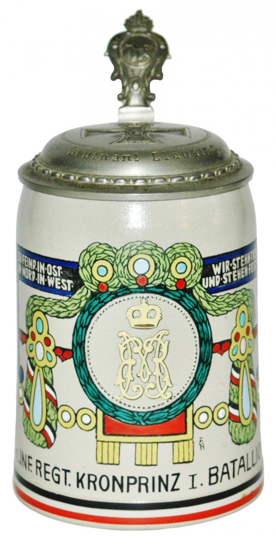 Military Inscribed Stoneware Stein: Stoneware POG 1/2L. Military Inscription. Signed TOH. Mint