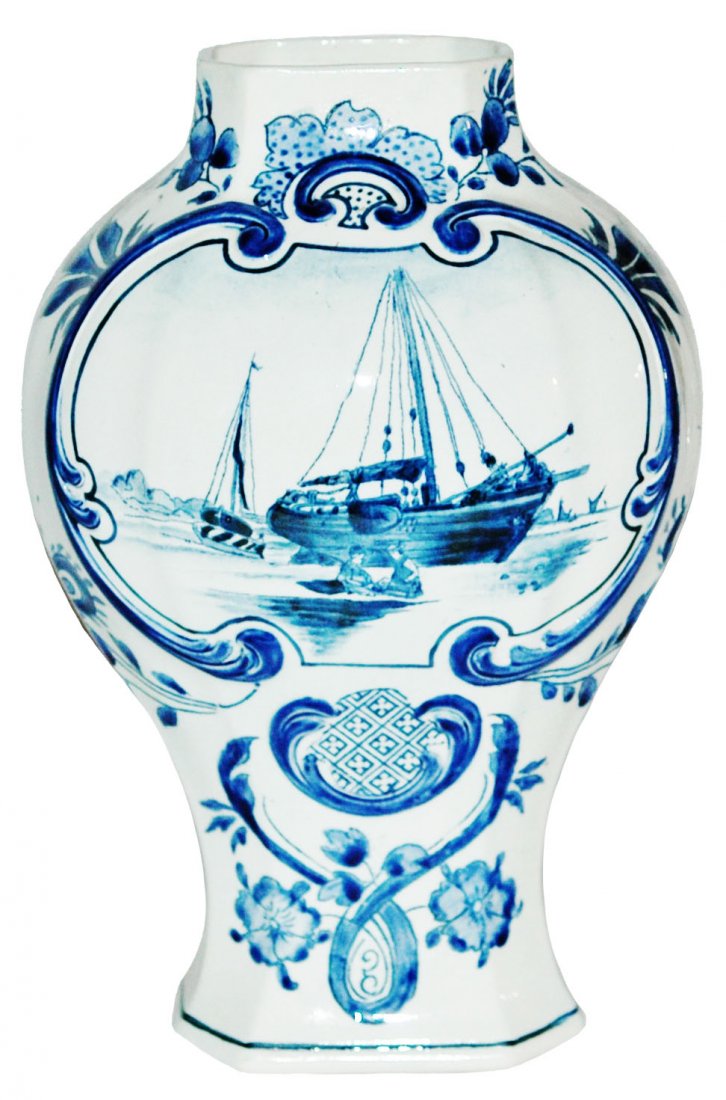 Sailboat Mettlach 9" Vase: Mettlach #5050 PUG 9" Vase. Sail boat scene in blue coloring. Mint.