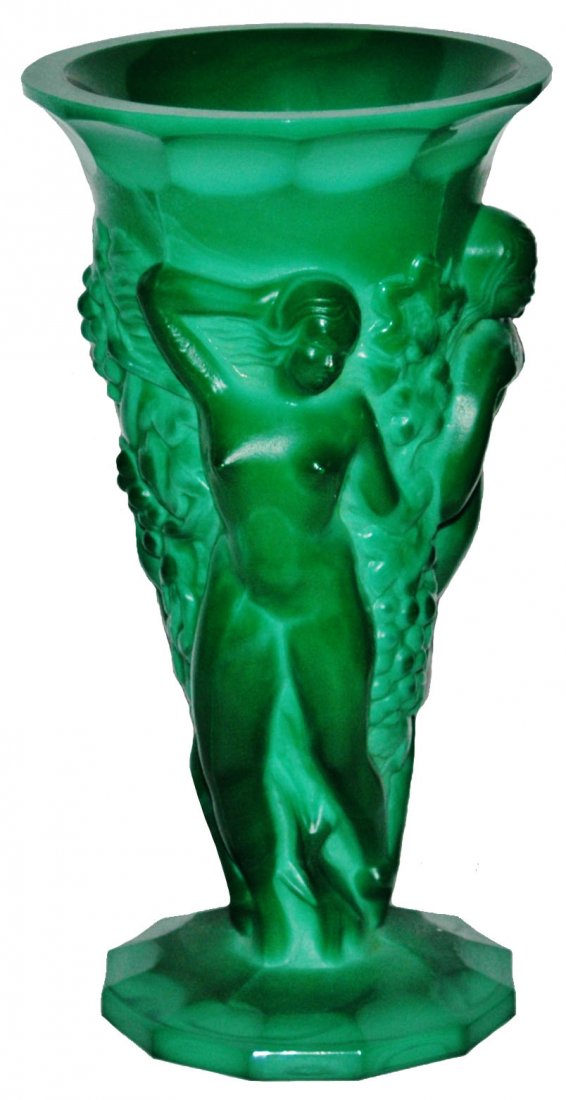 Green Czech Glass Malachite Art Nouveau Nude Vase: Pressed Green Glass Relief 8 1/2” Malachite Vase. Art Nouveau women. lalique style. Mint.