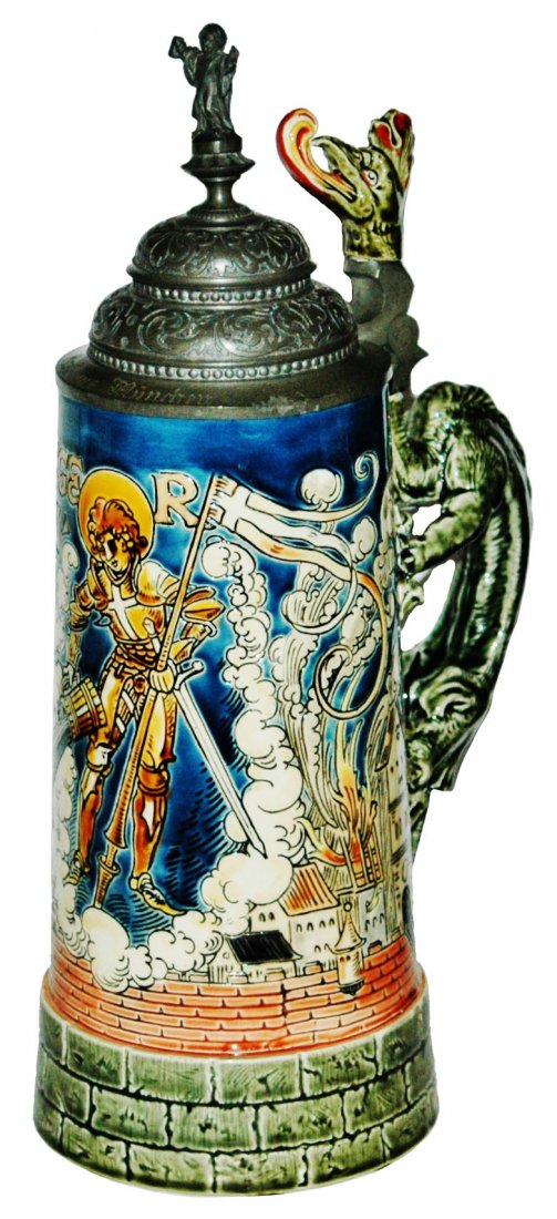 St Florian 1L Mettlach Stein w Dragon Handle (1 of 4)