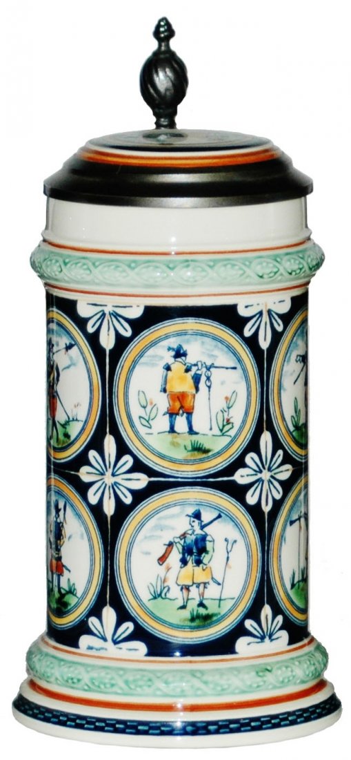 Hunters Mettlach Stein w Inlay Lid: Mettlach PUG 1/2L. Hunters. Post war. Inlay lid. Mint.