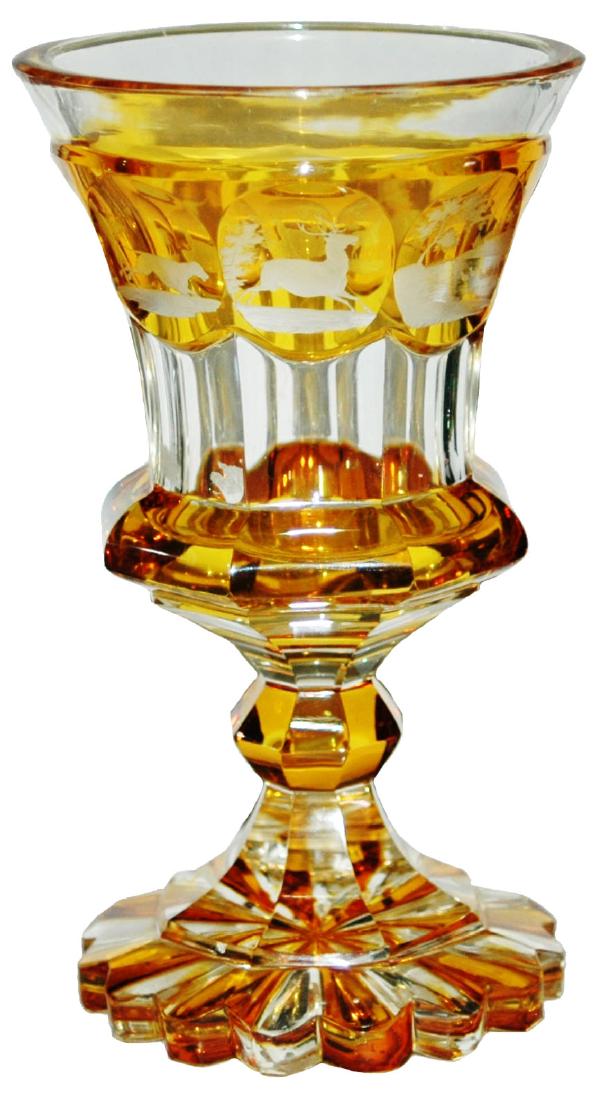 Cut Hunter Stag & Animals c1860 Glass Beaker: Blown Glass 7” Beaker. Amber stained and wheel-cut hunter, dog, stag and other game animals. Bohemian circa 1860.