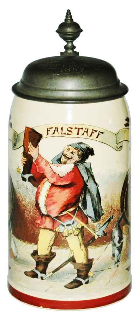 Falstaff Drinks from Boot Mettlach Stein: Mettlach #1909/983 PUG 1/2L. Falstaff drinks from boot. Mint.