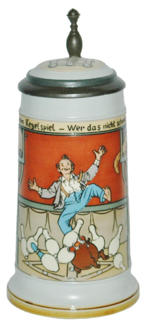 Mettlach Bowling Scene Boy Etched Stein w Inlay (1 of 1)