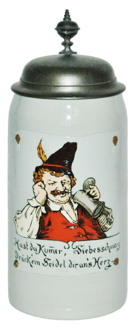 Mettlach 1L Man w Feathered Hat Etched Stein (1 of 1)