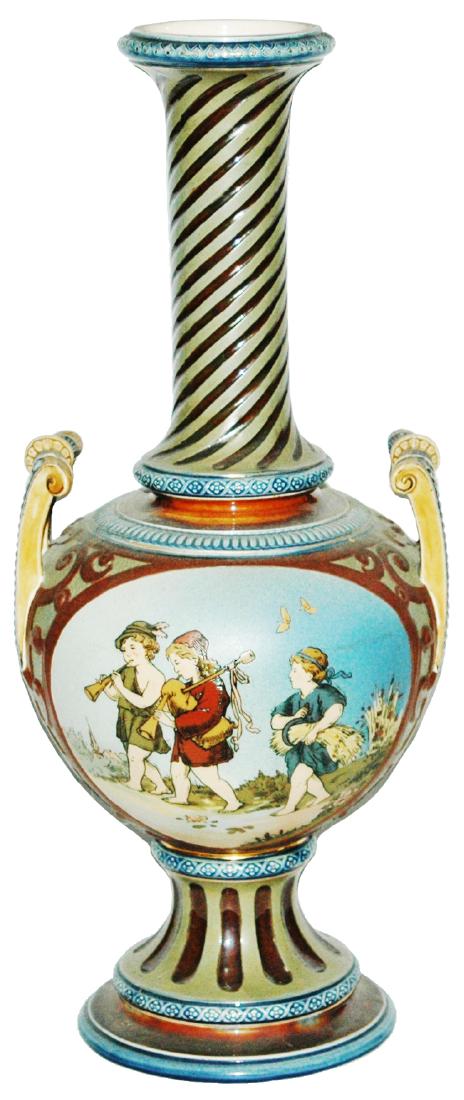 Mettlach 15" Etched Vase Children Scenes