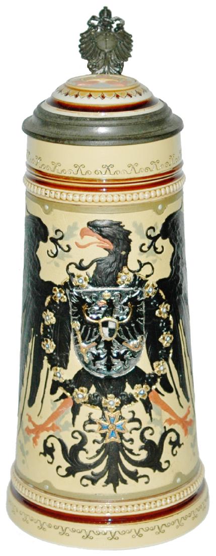 Mettlach 1L Imperial Eagle Stein w Inlay Lid (1 of 1)