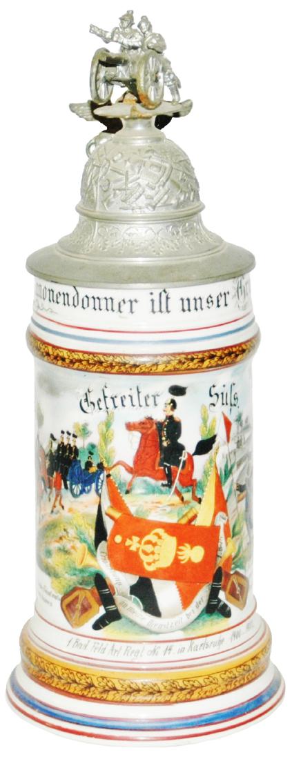 Regimental Feld Art No 14 Crew Top Cannon Finial: Regimental Stein 1/2L Porcelain. “1 Bad. Feld Art. Regt. No 14. in Karlsruhe 1900=1902, Gefreiter Suss.” Two side scenes. Rear roster. Crew top cannon finial. Mint.