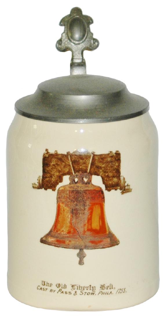 US Liberty Bell Phila 1753 Thuemler 4/10L Stein: Pottery Thuemler POG 4/10L. “The Old Liberty Bell, Cast by Pass & Stow, Phila. 1753.” Mint.