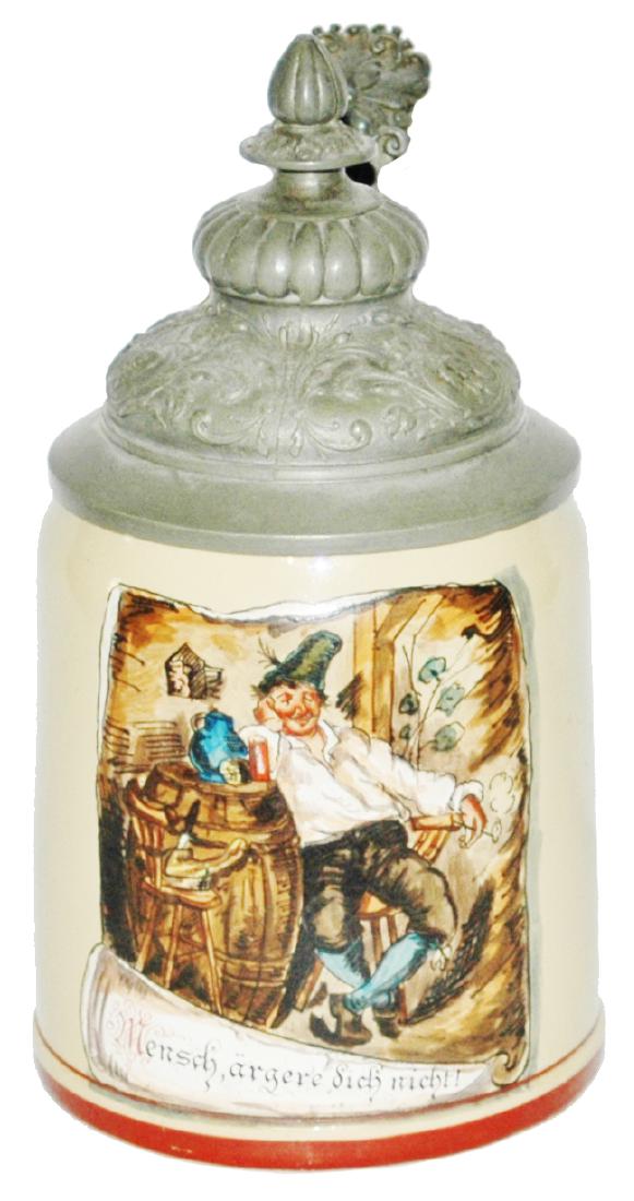 Mettlach Drunk Man in Tavern Stein w Fancy Pewter: Mettlach #1526 POG 1/2L. Man drunk in tavern. Fancy pewter lid. Mint.