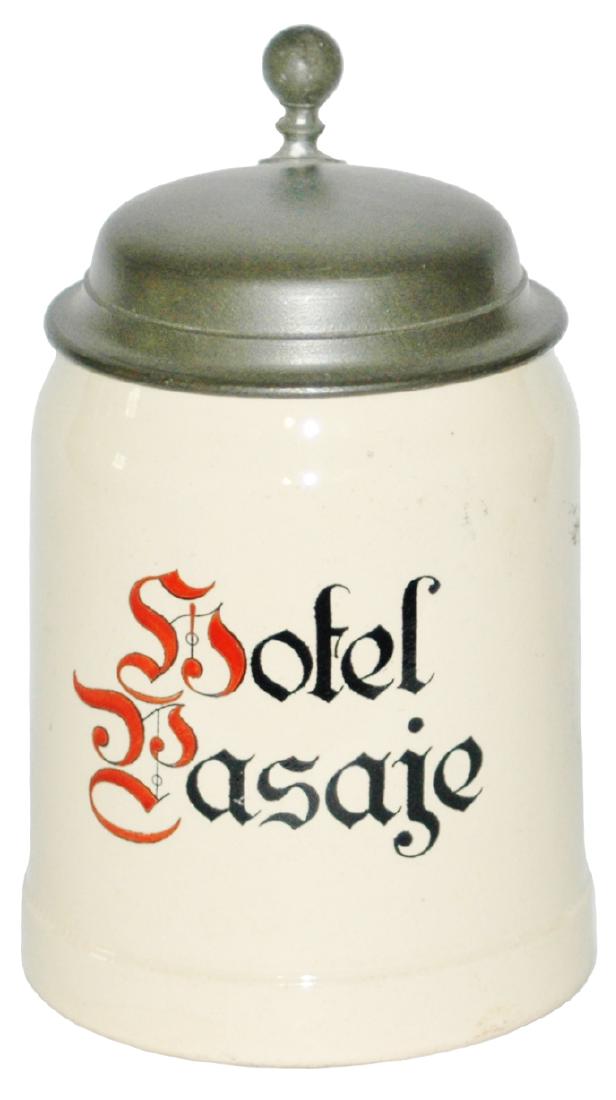 Unusual Mettlach Advertising "Hotel Pasaje" Stein: Mettlach #1526 POG 1/2L. “Hotel Pasaje.” Unusual. Mint.