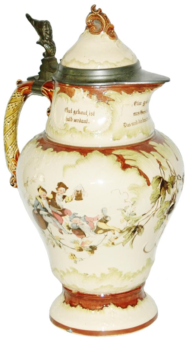 Mettlach 3L Drinking Dwarfs & Floral Stein w Inlay (1 of 1)