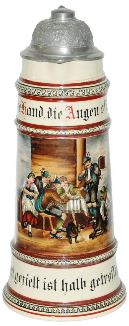 3L Hunters in Tavern Hanke Stein: Pottery Hanke #1180/503 POG 3L. Hunters in tavern scene. Mint.