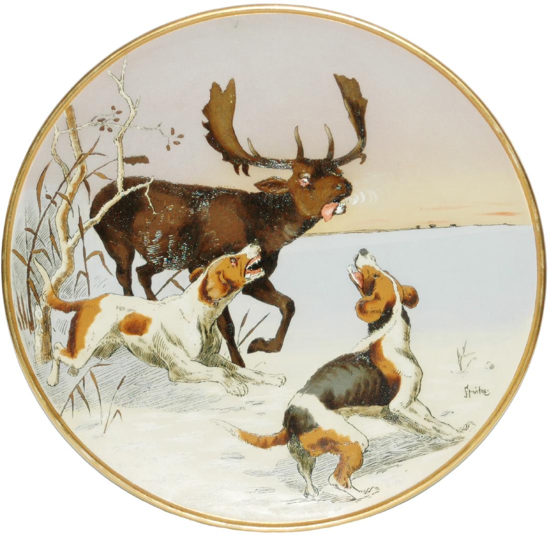 Mettlach Dogs Attack a Moose 15" Plaque: Mettlach #2070 Etched 15” Plaque. Dogs attack a moose. Mint.
