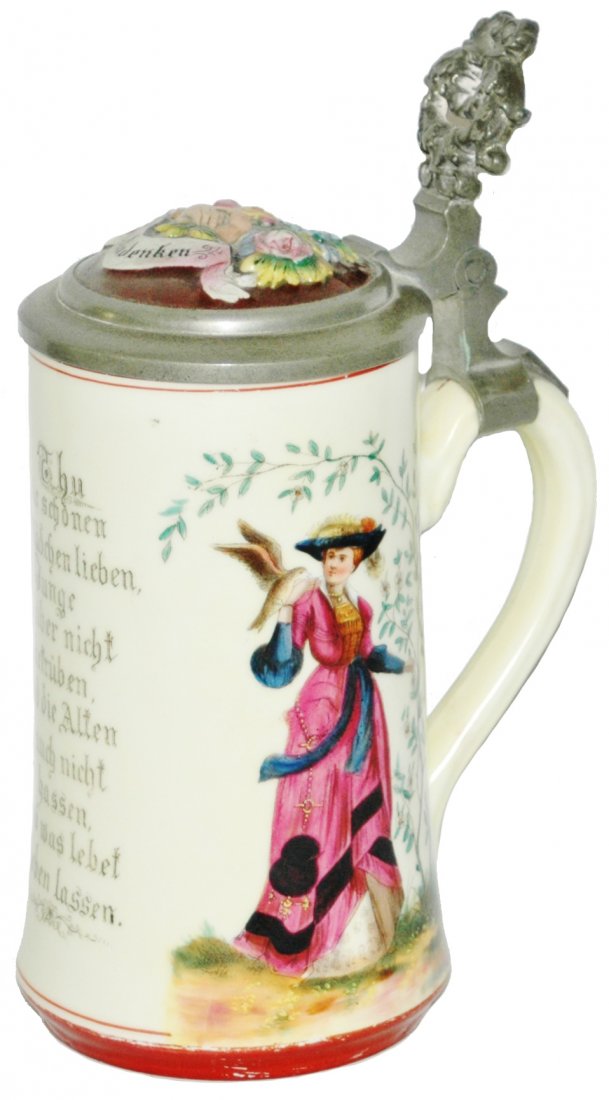Cavalier Woman & Falcon Stein w Ludwig Litho: Porcelain POG 1/2L. Cavalier and woman with falcon and verse. Relief handshake inlay lid. Litho of Ludwig. Mint.