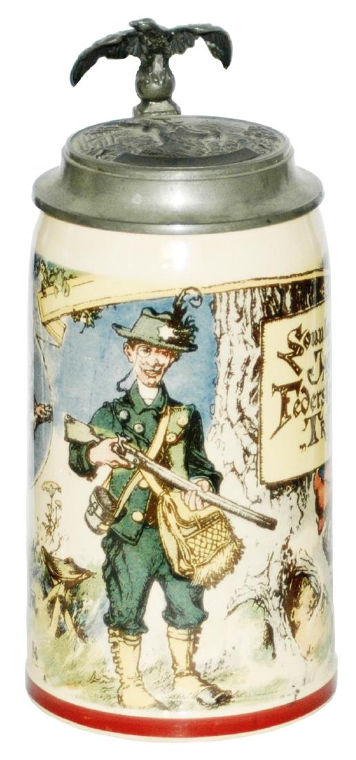 Mettlach Schlitt Hunter & Animals Stein w Stag Lid: Mettlach #1909/1073 PUG 1/2L. Hunter and animals. Schlitt. Relief stag pewter lid. Mint.