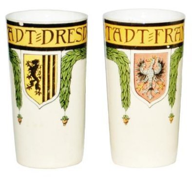 Pair of Mettlach Beakers Dresden & Frankfurt: Pair of Mettlach PUG Beakers. 1) #2327/1200 Dresden. Small rim flake. 2) 2327/1200 Frankfurt. Mint.