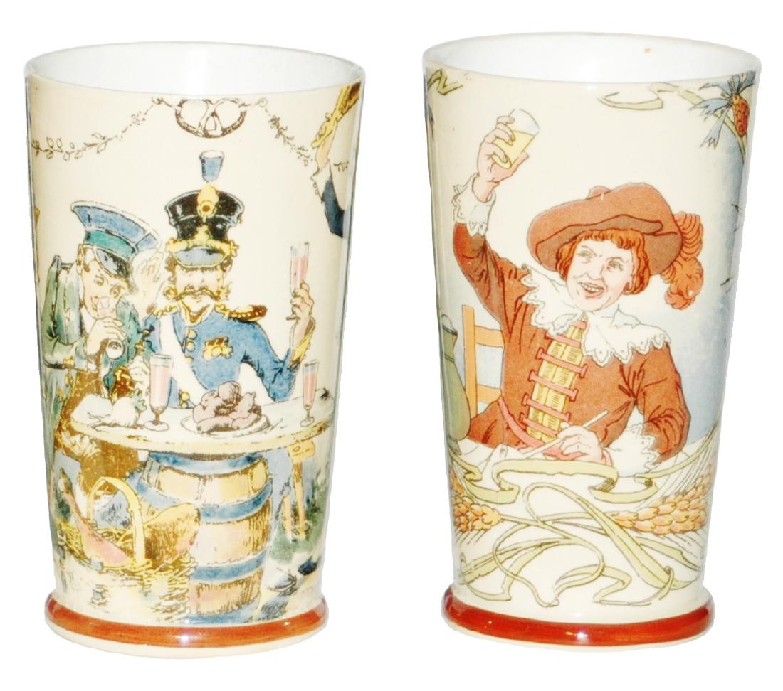 Pair of Mettlach Beakers Schlitt Scene & Cavalier: Pair of Mettlach PUG Beakers. 1) #2368/1110 Schlitt scene. Mint. 2) #2368/1082 Cavalier. Mint.
