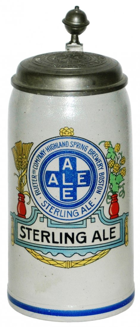 Rare Boston USA Brewery Adv stein w Matched Lid: Stoneware POG 1L. “Rueter and Company Highland Spring Brewery Boston, Sterling Ale. Matching logo lid. Rare. Mint.