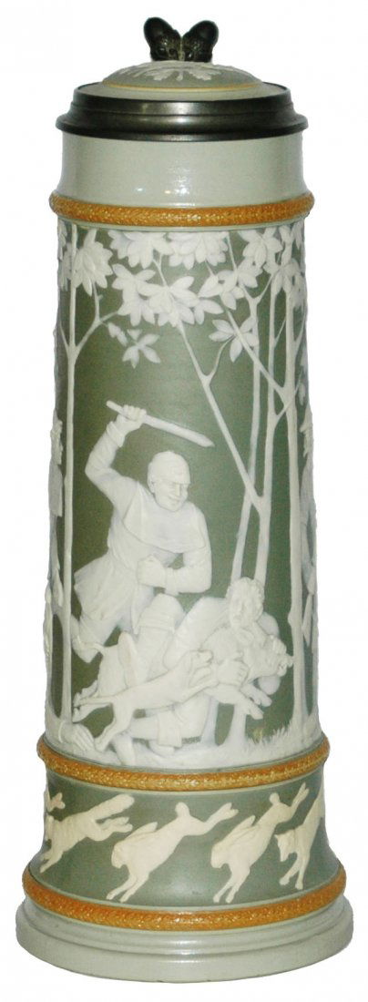 Mettlach 3L Cameo Boar Hunt Stein w Rabbits Base (1 of 1)