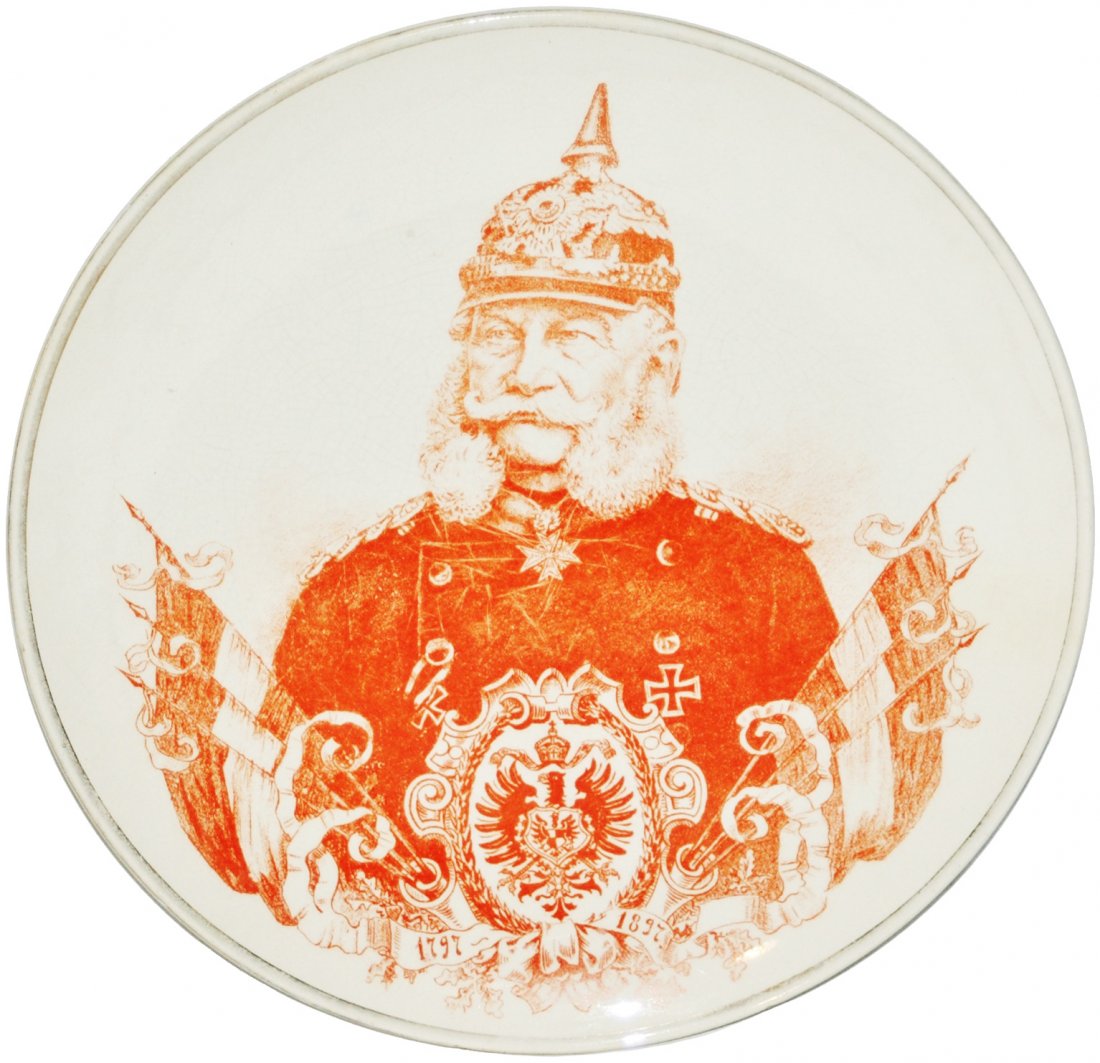 Mettlach Kaiser Wilhelm I Spiked Helmet Plaque: Mettlach POG 8 1/2” Plaque. Kaiser Wilhelm I. Mint.