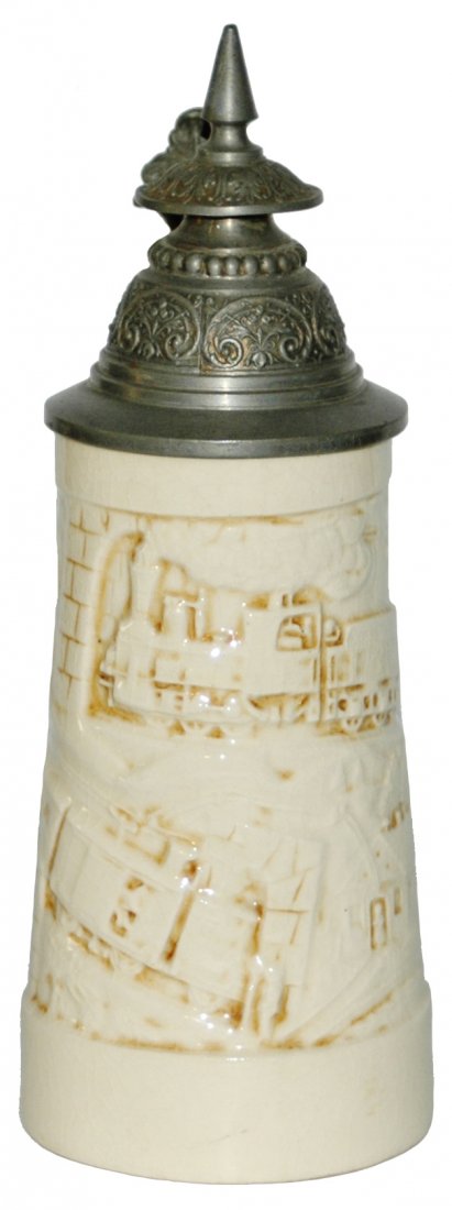 Zsolnay Relief Trains Chugging on Tracks Stein: Zsolnay Pottery 1/2L Relief. Steam trains chugging along track.