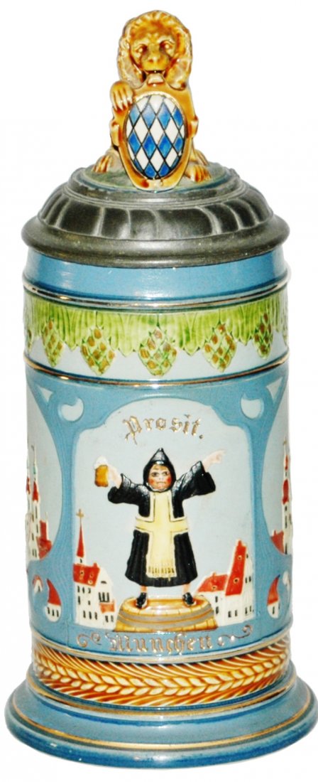 Mettlach Munich Child Stein w 3D Bavarian Lion Lid (1 of 1)