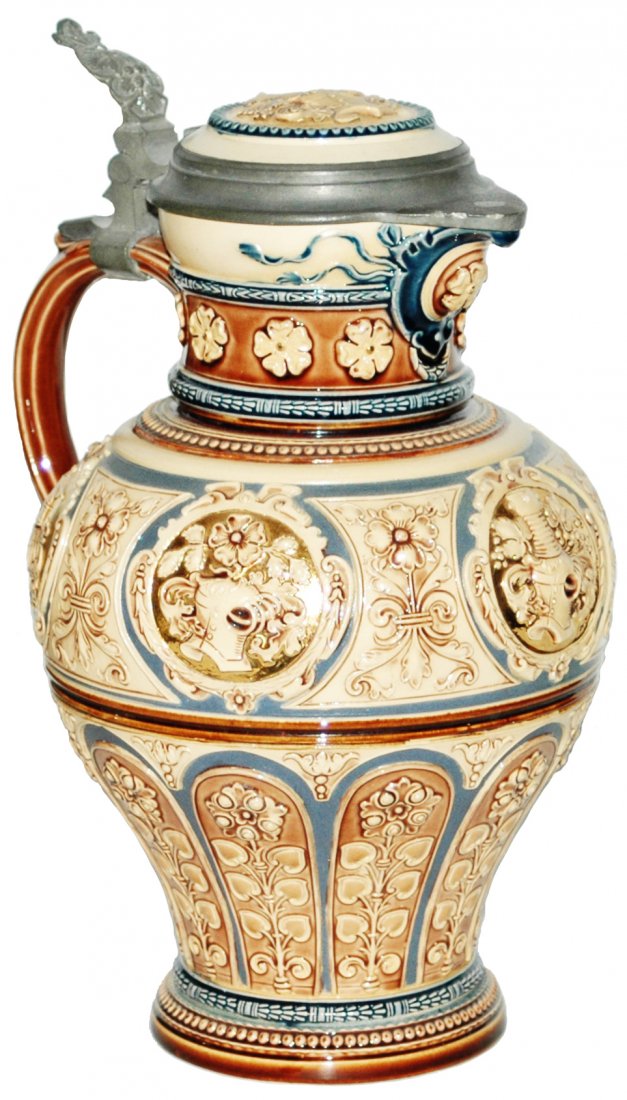 Mettlach 1-1/2L Knight Headpiece Armor Stein: Mettlach #2128 Relief 1 1/2L. Knight headpiece armor and floral. Inlay lid. Mint.