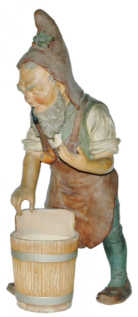 Terracotta 2' foot Dwarf w Pipe Figure w Barrel (1 of 1)