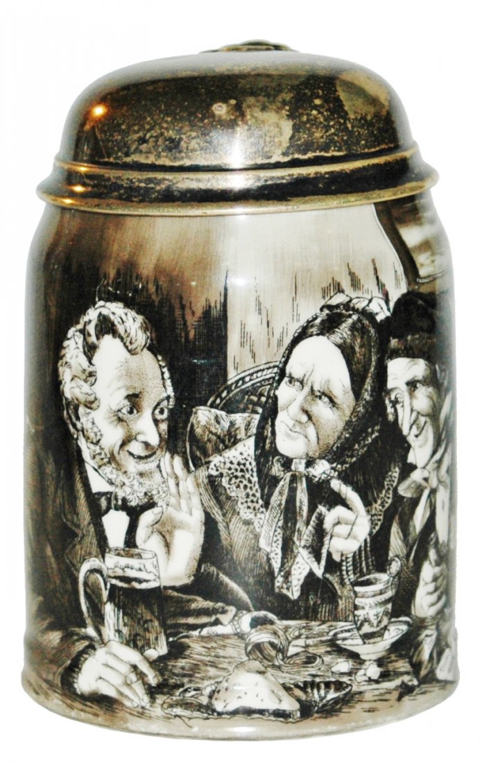 Lenox Men in Tavern Stein w Sterling Silver Lid: Lenox Porcelain POG 1/2L. Men in tavern. Sterling silver lid.