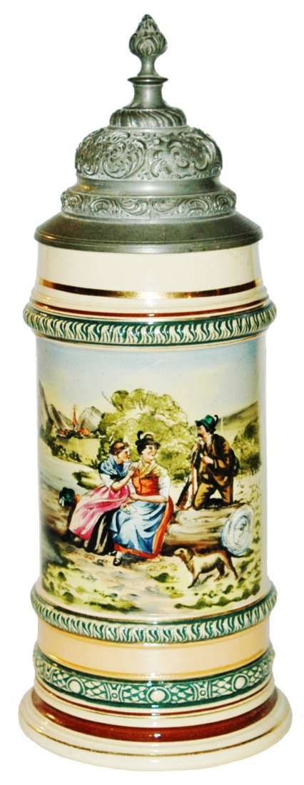 Hunter Women & Dog Sit on Log 1L Stein: Pottery POG 1L. Hunter and two women with dog sit on log. Mint.