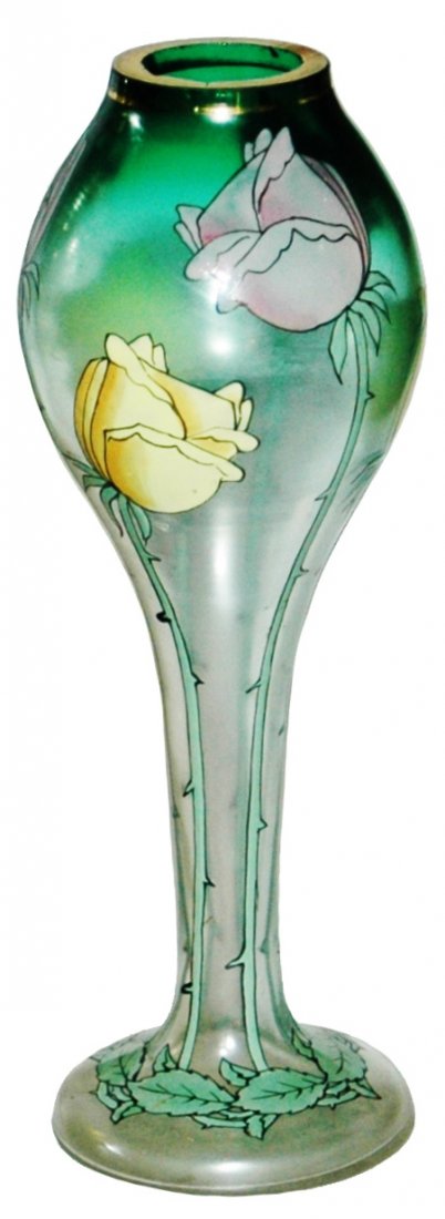 Art Nouveau Floral Fritz Heckert Glass Vase: Blown Glass 8 1/2” Vase. Fritz Heckert. Enameled Art Nouveau floral.