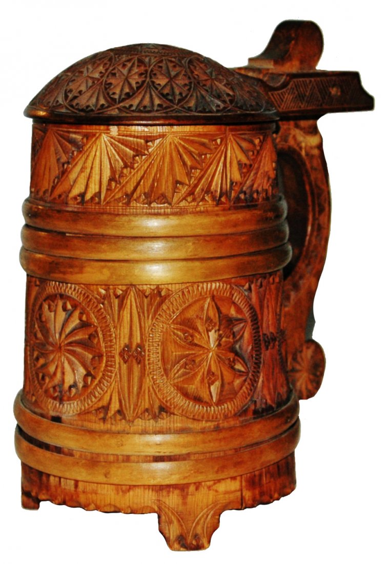Chip Carved Scandinavian 1890 Wood Stein 4/10L: Carved Wood 4/10L. Chipped carved circle design. Scandinaviancirca 1890. Very good condition.