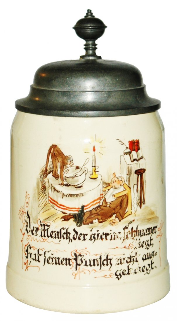 Mettlach Man Sleeps as Monkey eats his Food Stein: Mettlach #1526 POG 1/2L. Man sleeps on floor as Monkey eats his food. Mint.